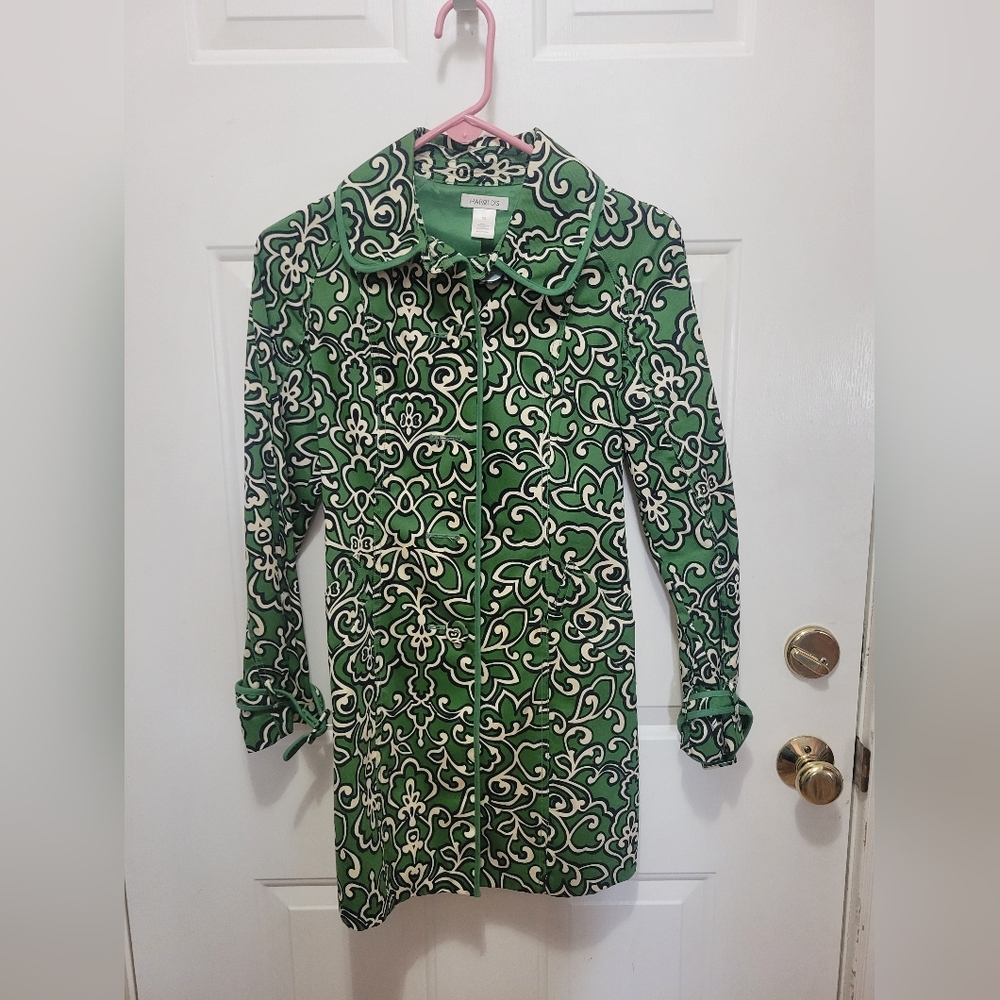 Harold's Vibrant Green Coat with White Pattern, Size XS, Like New